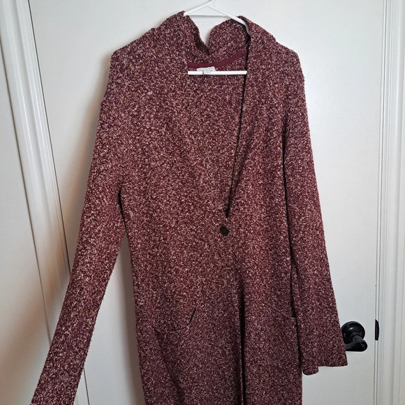 J. Jill Sweaters - J. Jill Burgundy White Thick Knit One Button Cardigan Sweater Duster Size XL